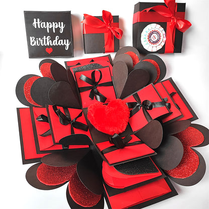 Three Layer Birthday Memory box Red & Black with Glitter Sheets Greeting Card