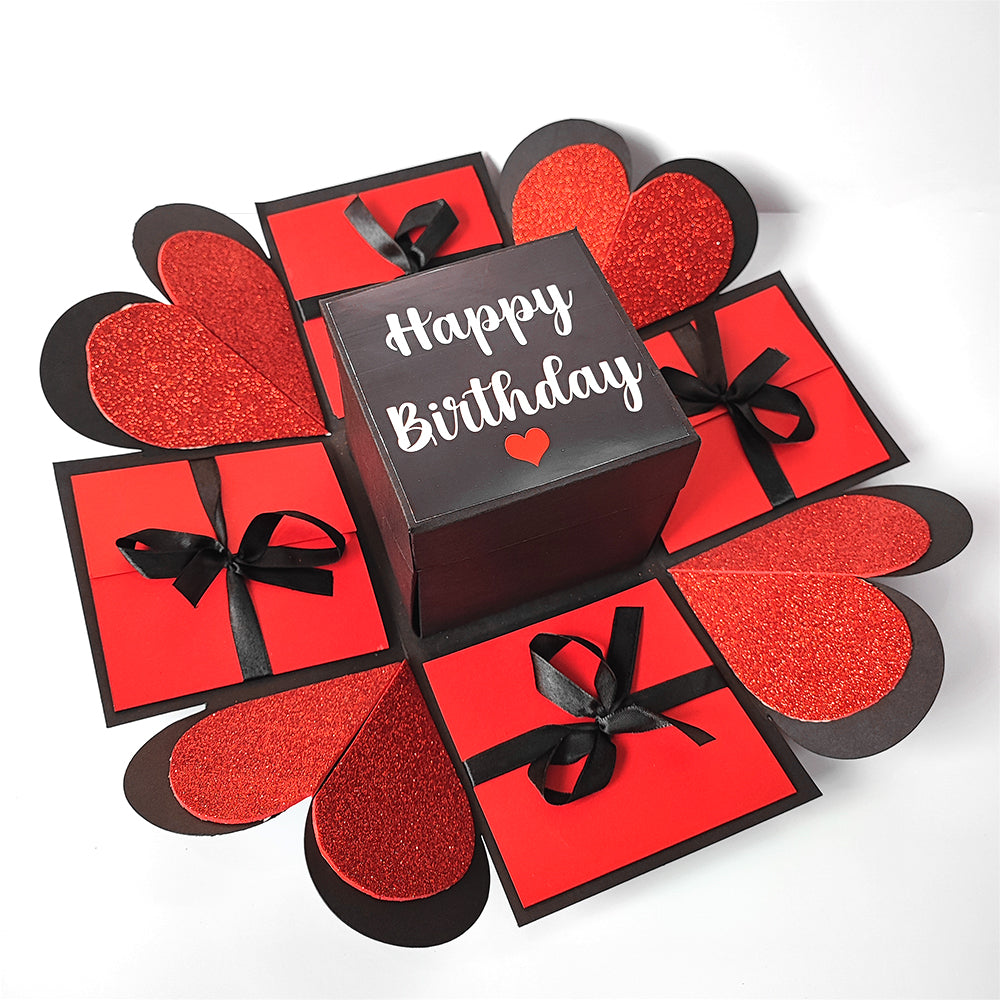 Three Layer Birthday Memory box Red & Black with Glitter Sheets Greeting Card