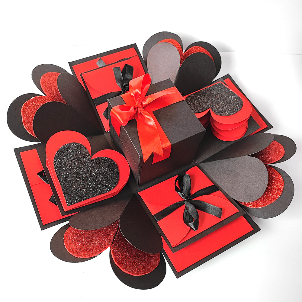 Three Layer Birthday Memory box Red & Black with Glitter Sheets Greeting Card